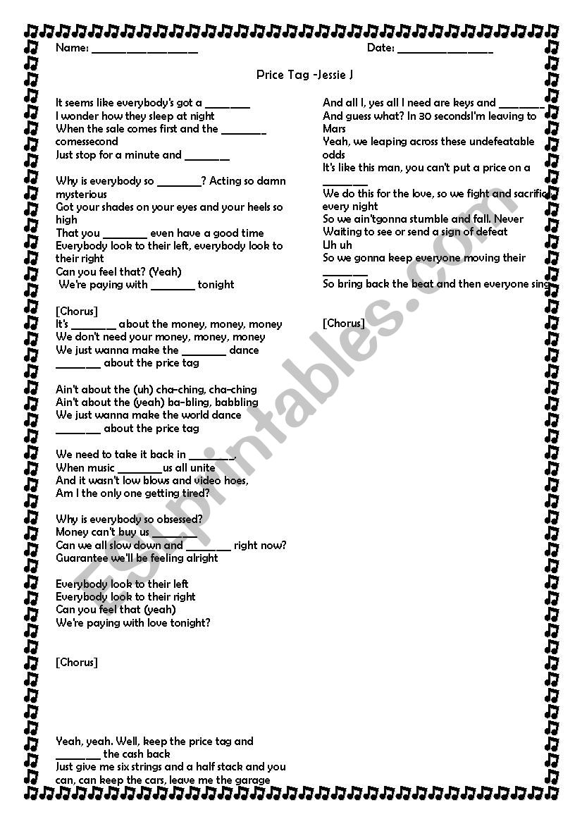 Price Tag worksheet