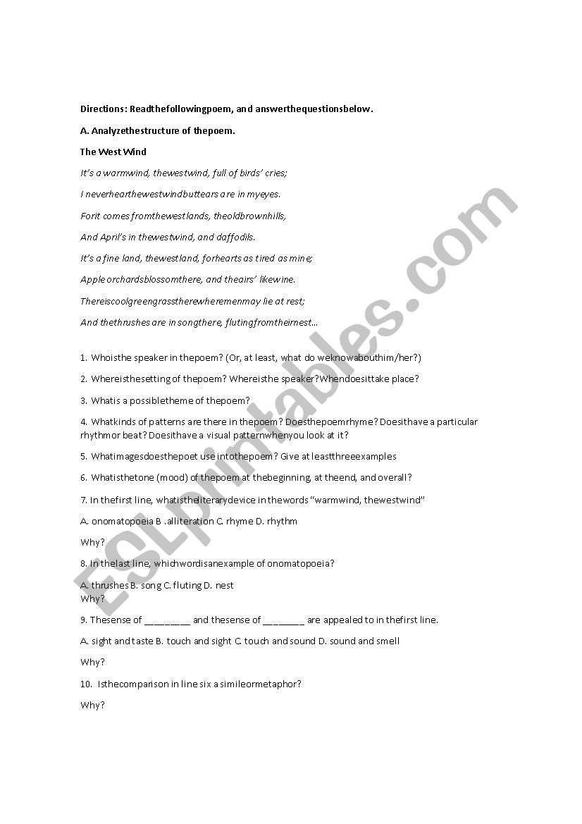 poems analysis  worksheet