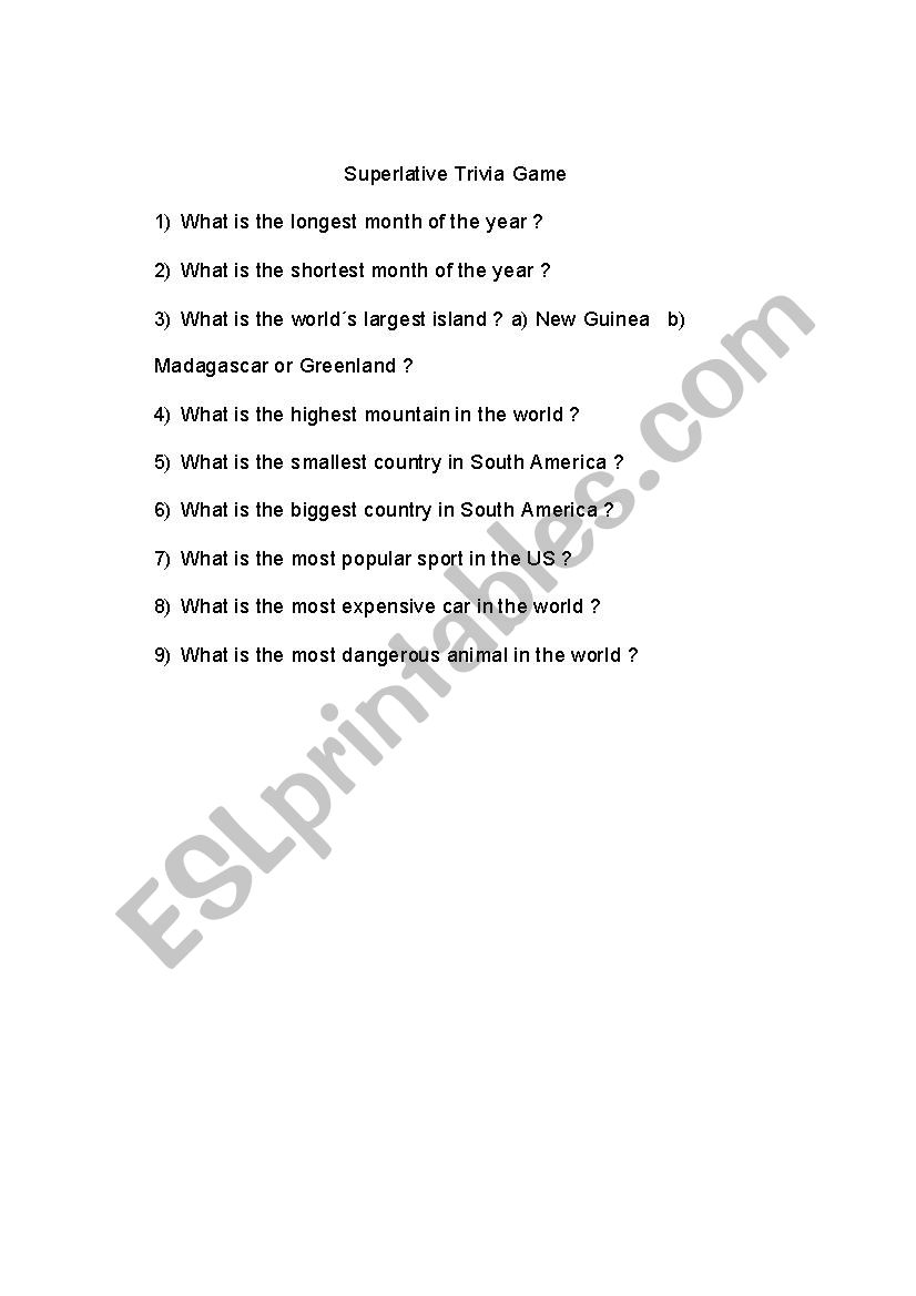 Superlative Trivia Game worksheet