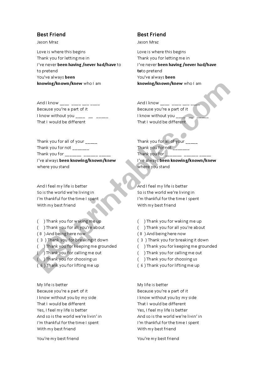 Jason Mraz - Best friend worksheet