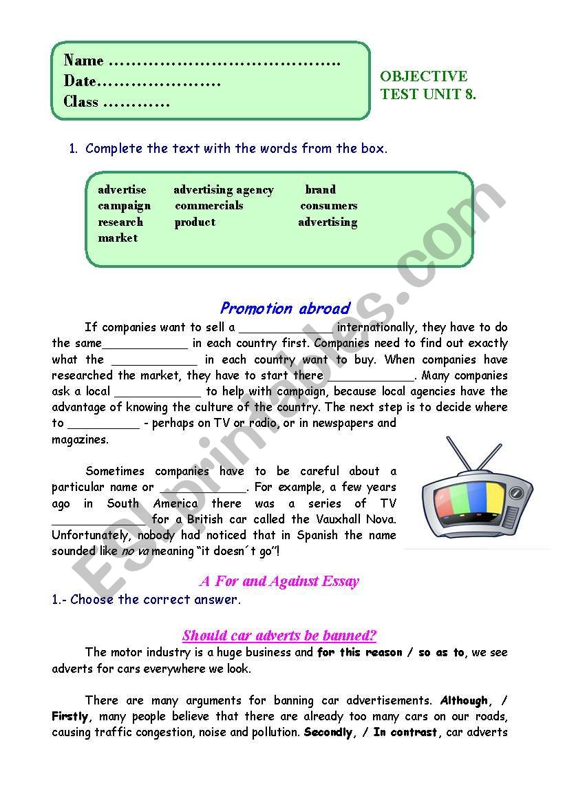 Objective test worksheet