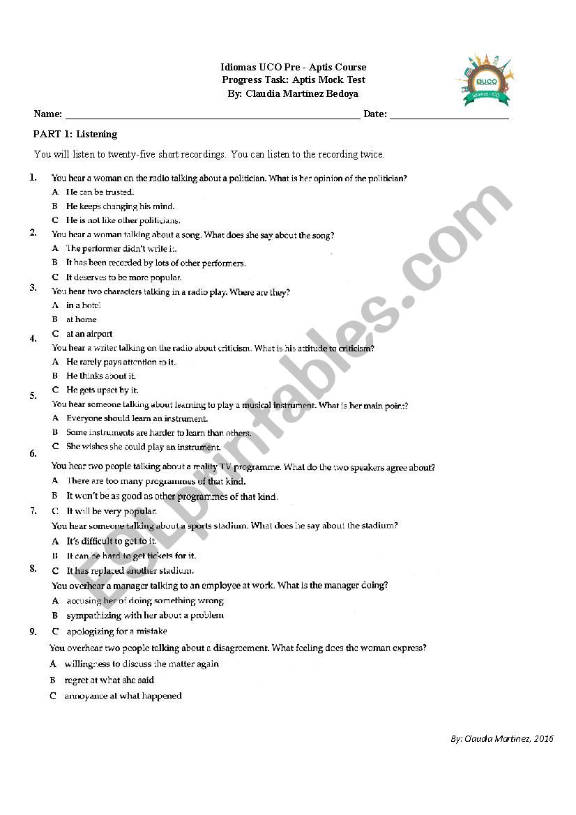 A1 - B2 Mock test worksheet