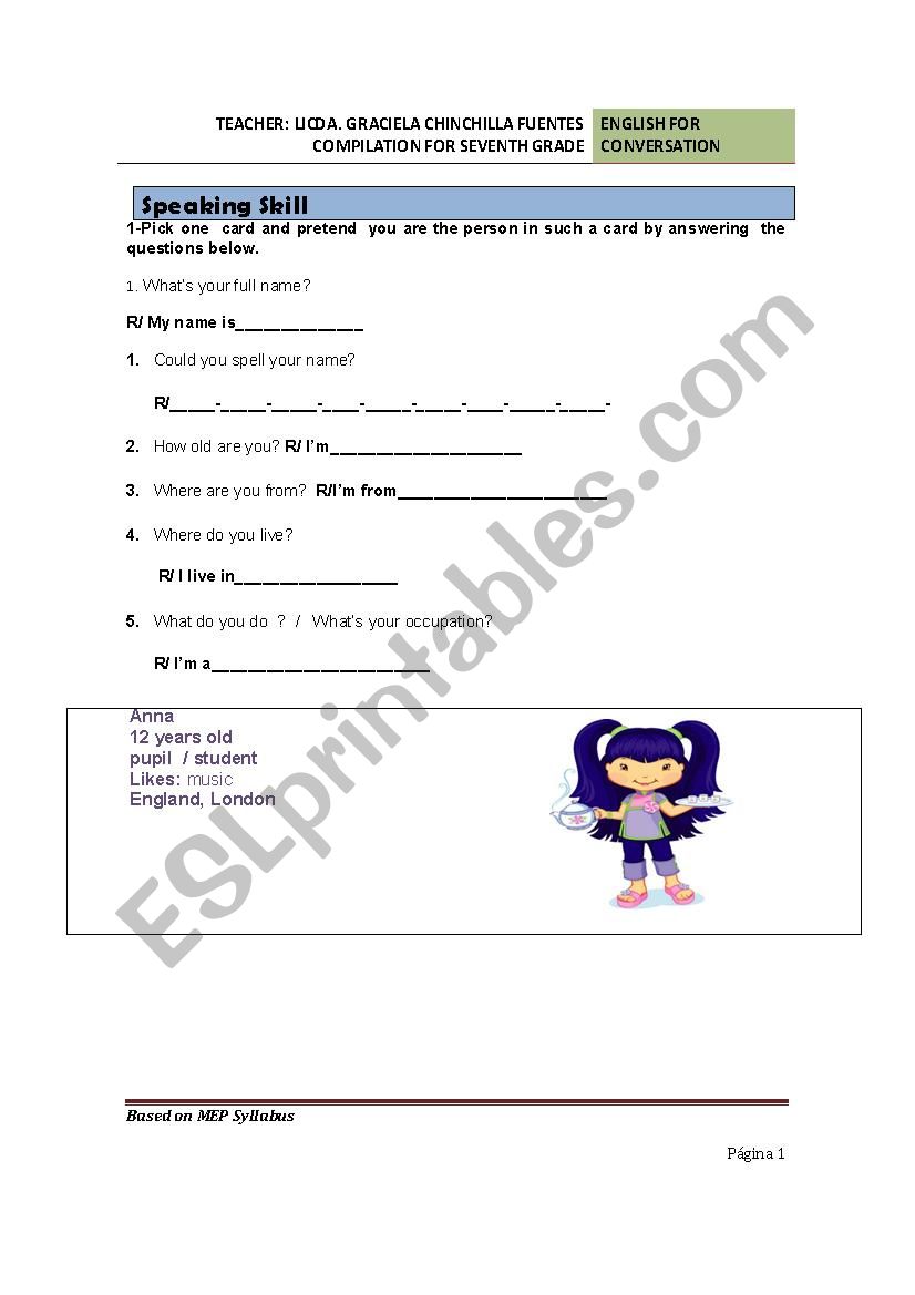 Personal Information worksheet