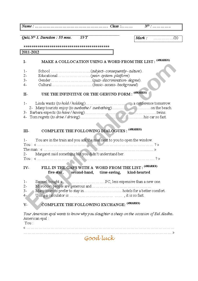 quis for 2year students worksheet