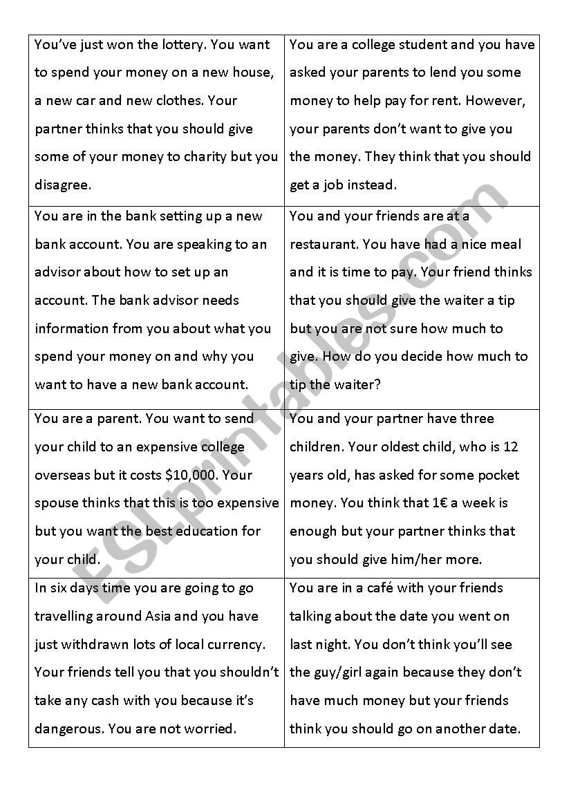 Role Plays: Money Issues worksheet