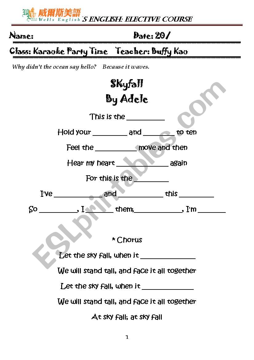 Skyfall Song Worksheet (With simple writing exercise)