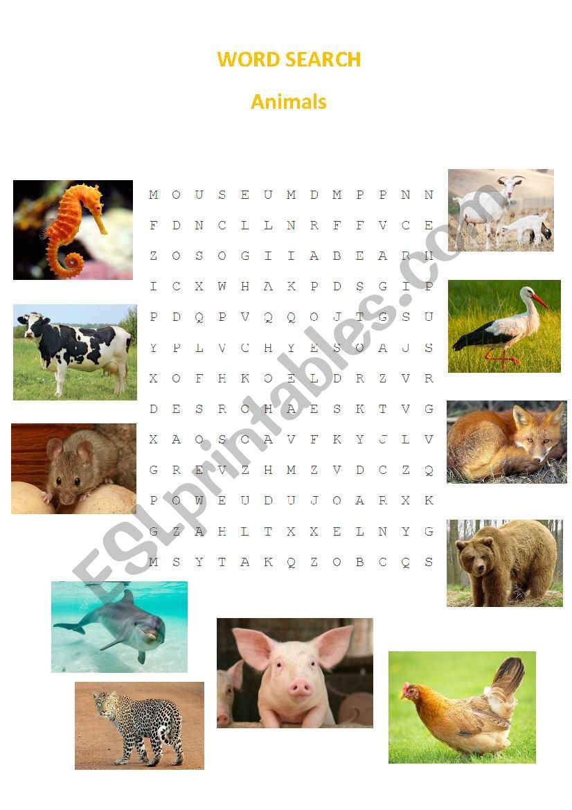 Animals Word Search (key included)