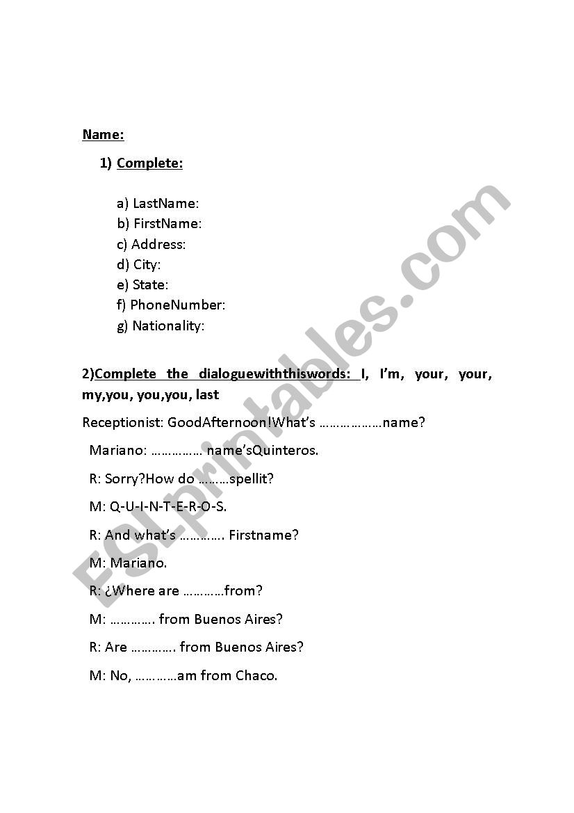 Exam worksheet
