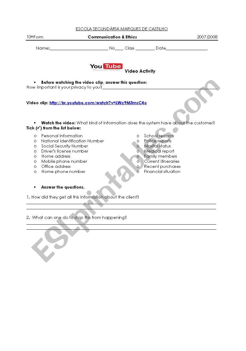 Invasion of privacy worksheet