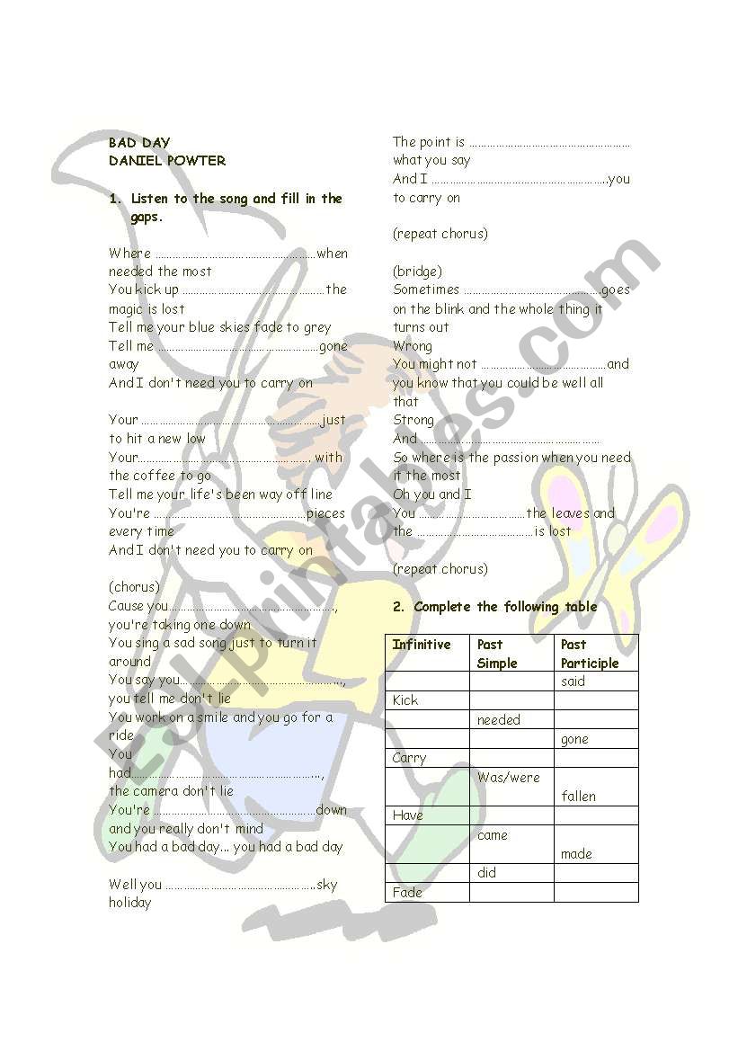 Song: Bad Day worksheet