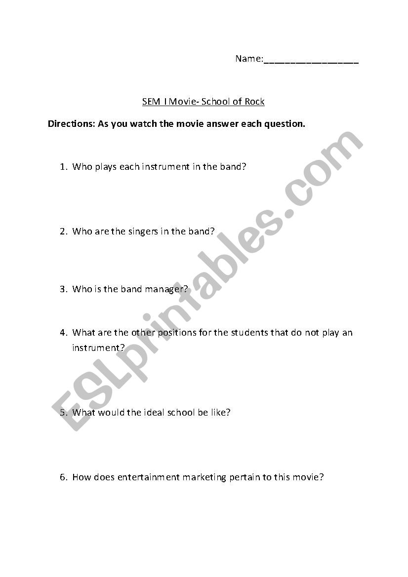 School of Rock worksheet worksheet