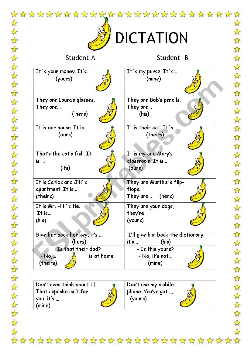 Possessive Pronouns- a BANANA dictation