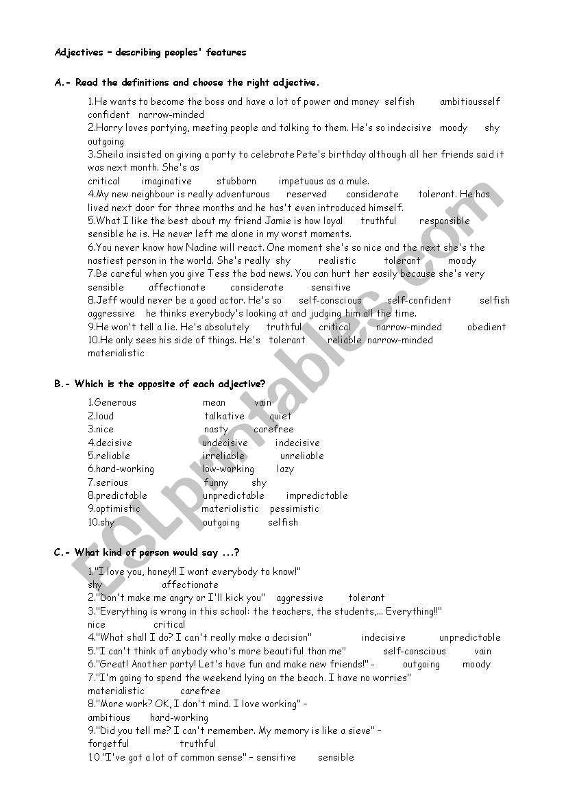 personal features worksheet