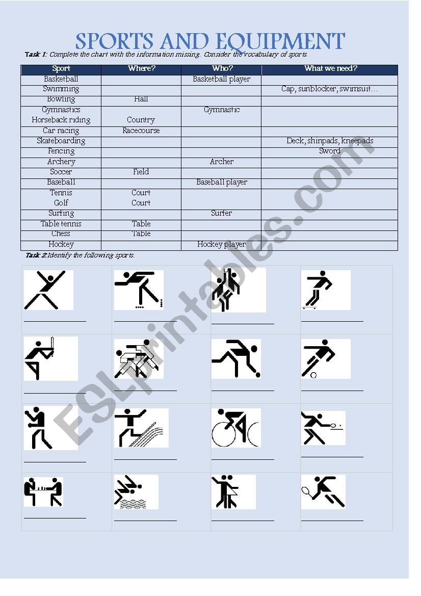 SPORTS AND EQUIPMENT worksheet