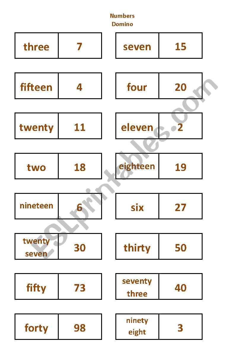 Numbers 1-100 Domino game worksheet