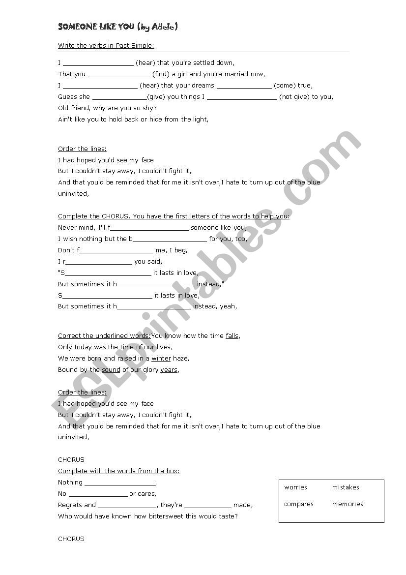 Someone Like You (by Adele) worksheet