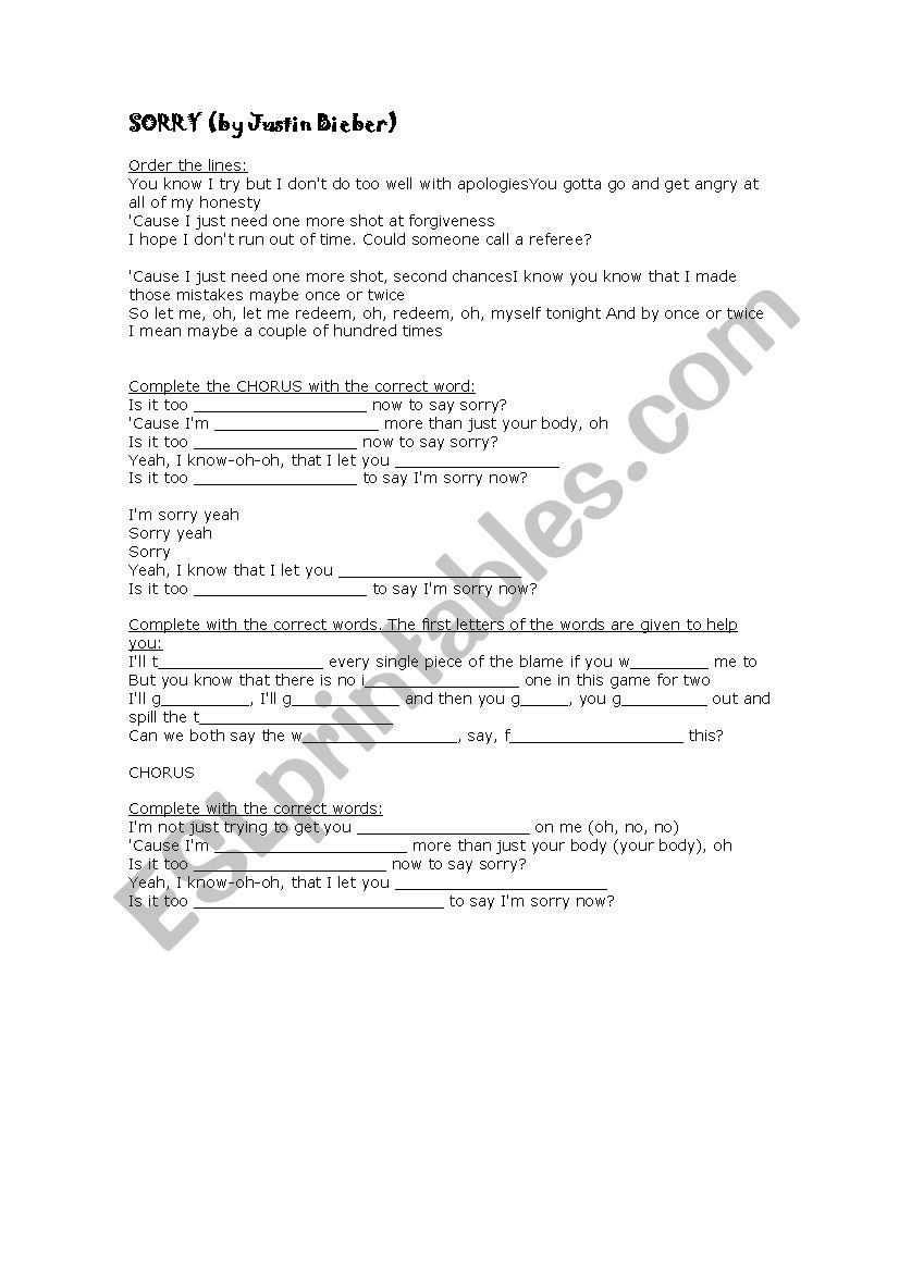 Sorry by Justin Bieber worksheet