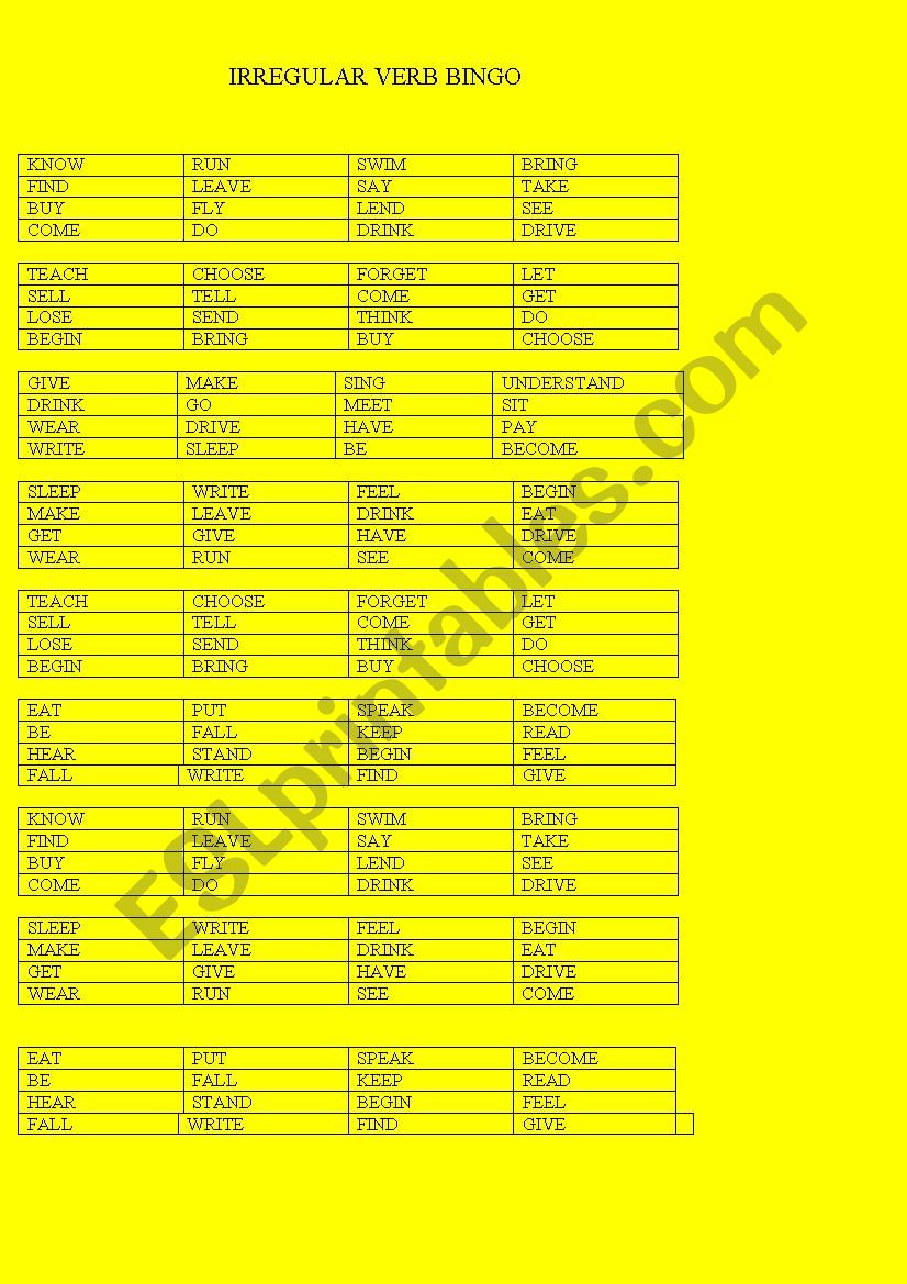 50 MOST COMMON IRREGULAR VERB BINGO