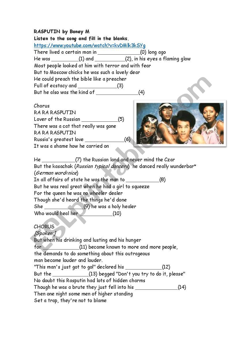 Rasputin Boney M Esl Worksheet By Bleakhouse