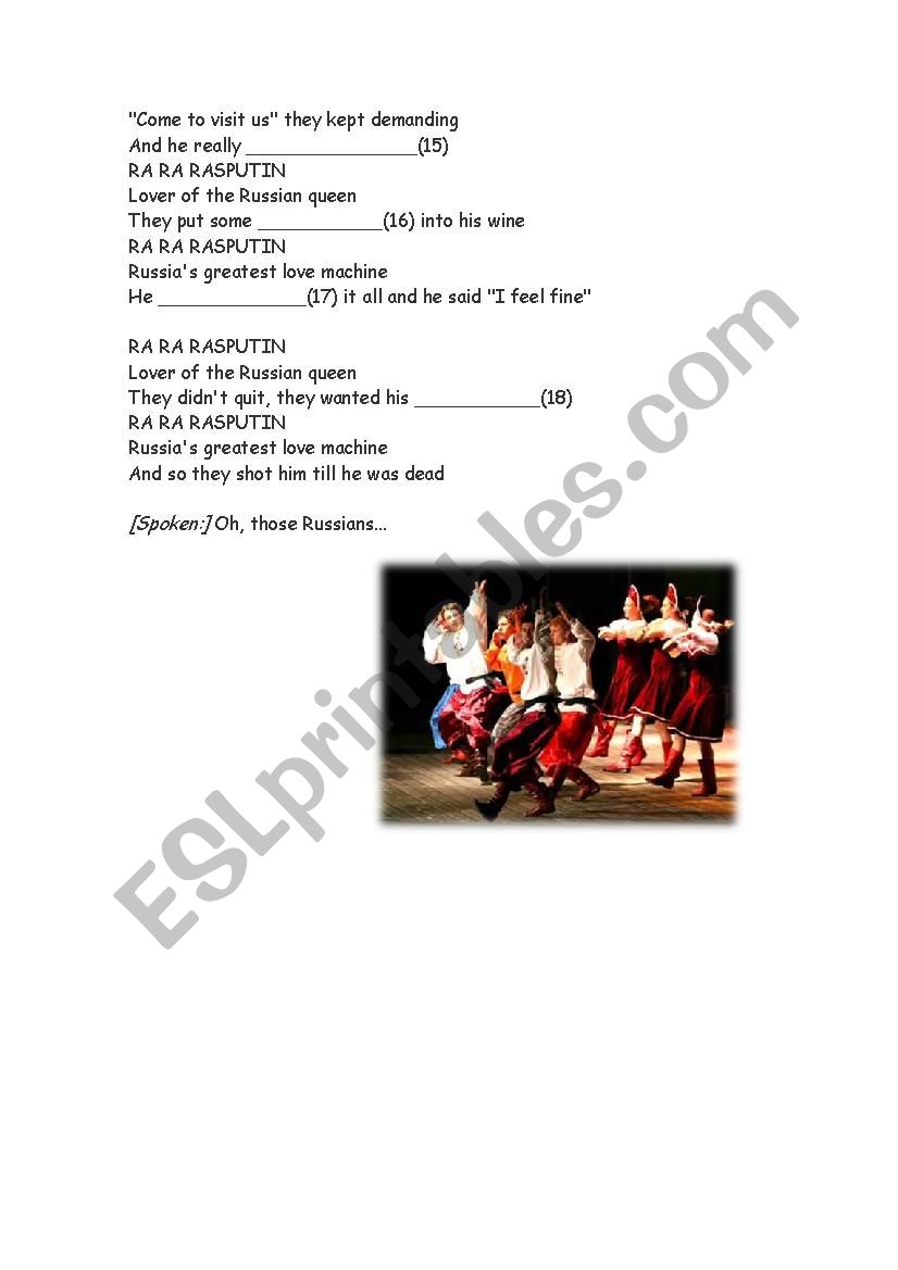 Rasputin Boney M Esl Worksheet By Bleakhouse