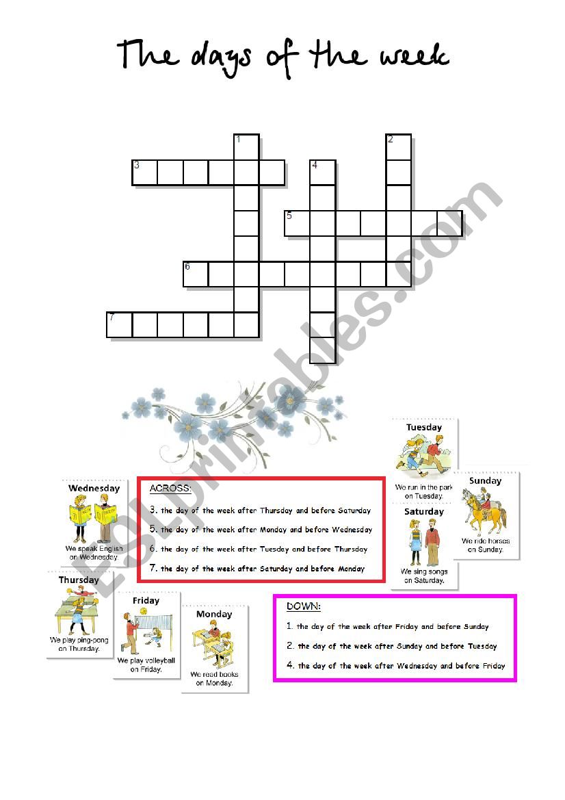 The days of the week (3) CROSSWORD with answer key