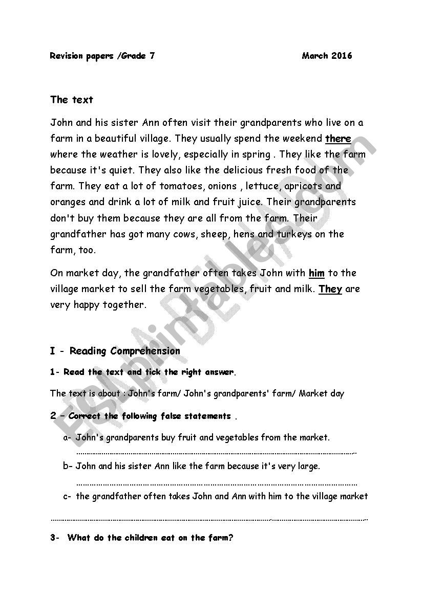 Revision paper for grade 7 Tunisian programme module3