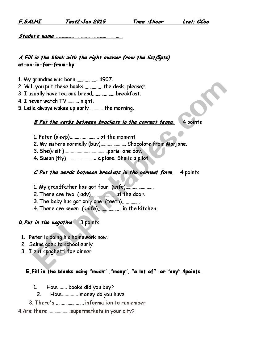 test for elementary students  worksheet