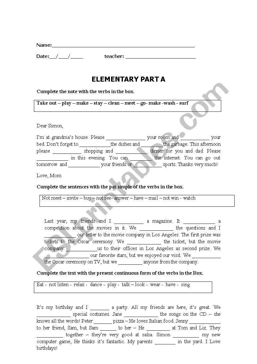 test elementary worksheet