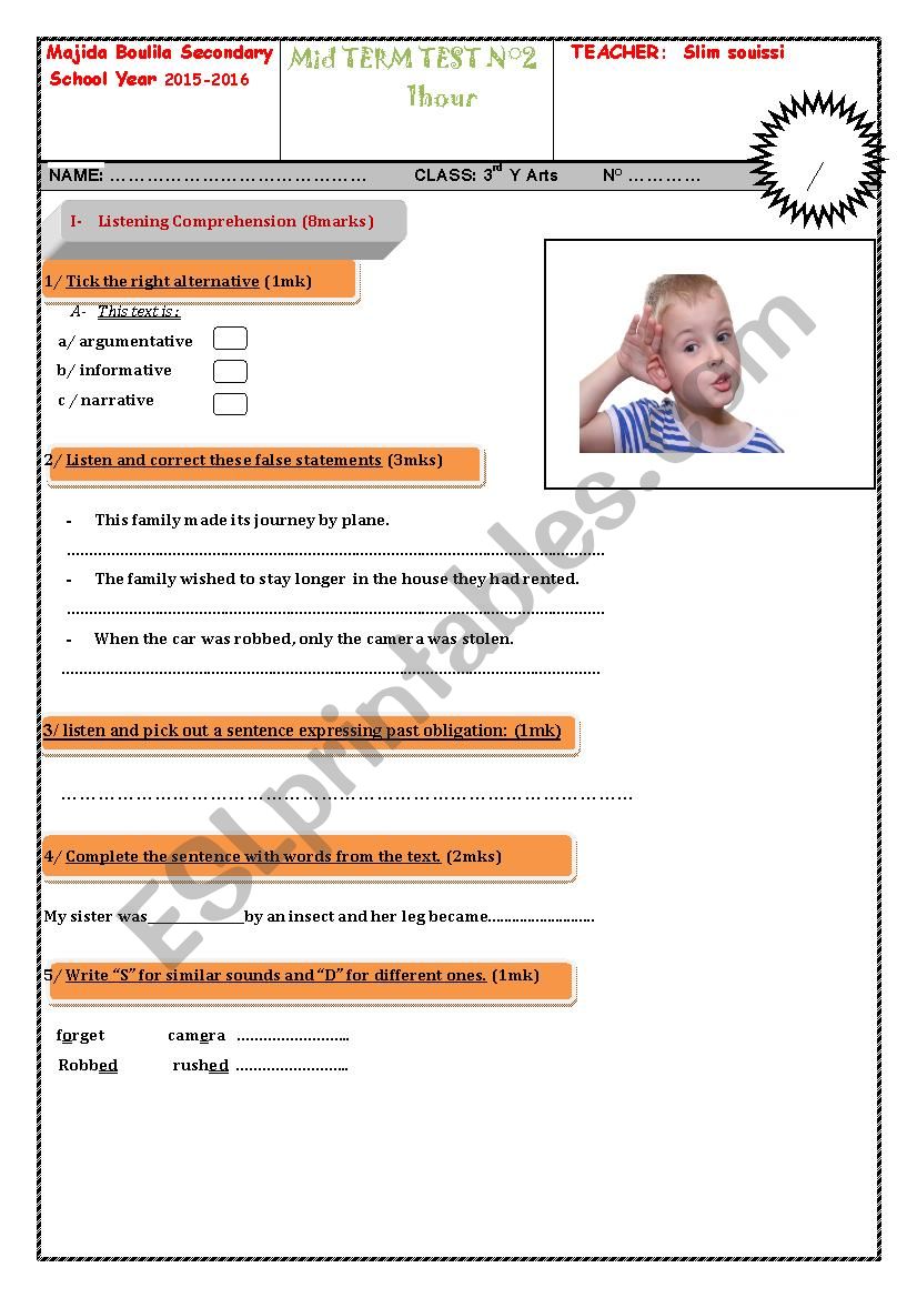 a mid-term english test for 3rd formers