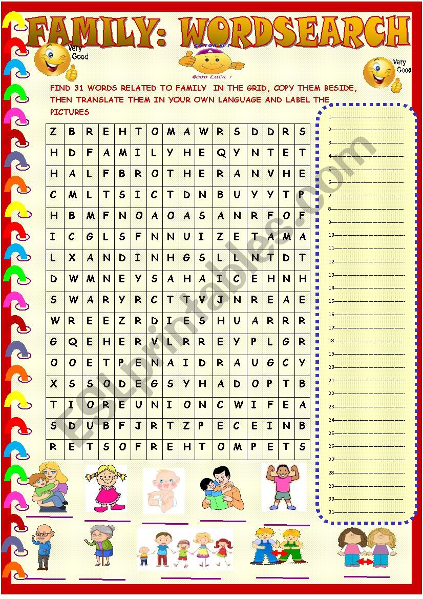 Family  wordsearch with key worksheet