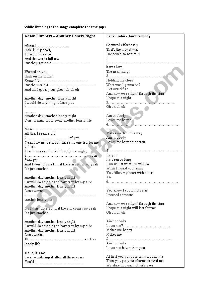 Songs gap fill worksheet