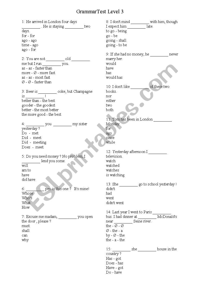 Grammar Test Level 3 worksheet