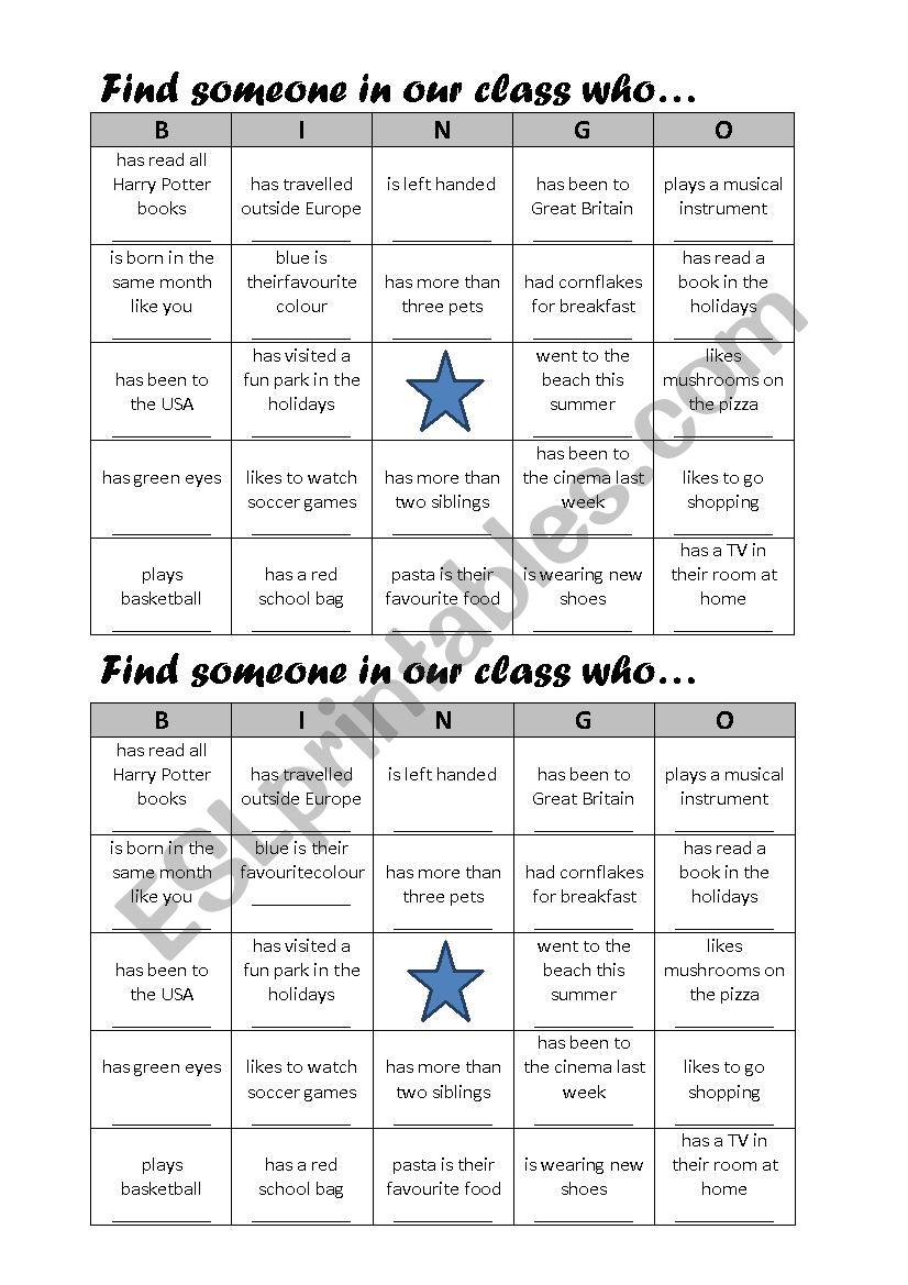Classroom Bingo worksheet