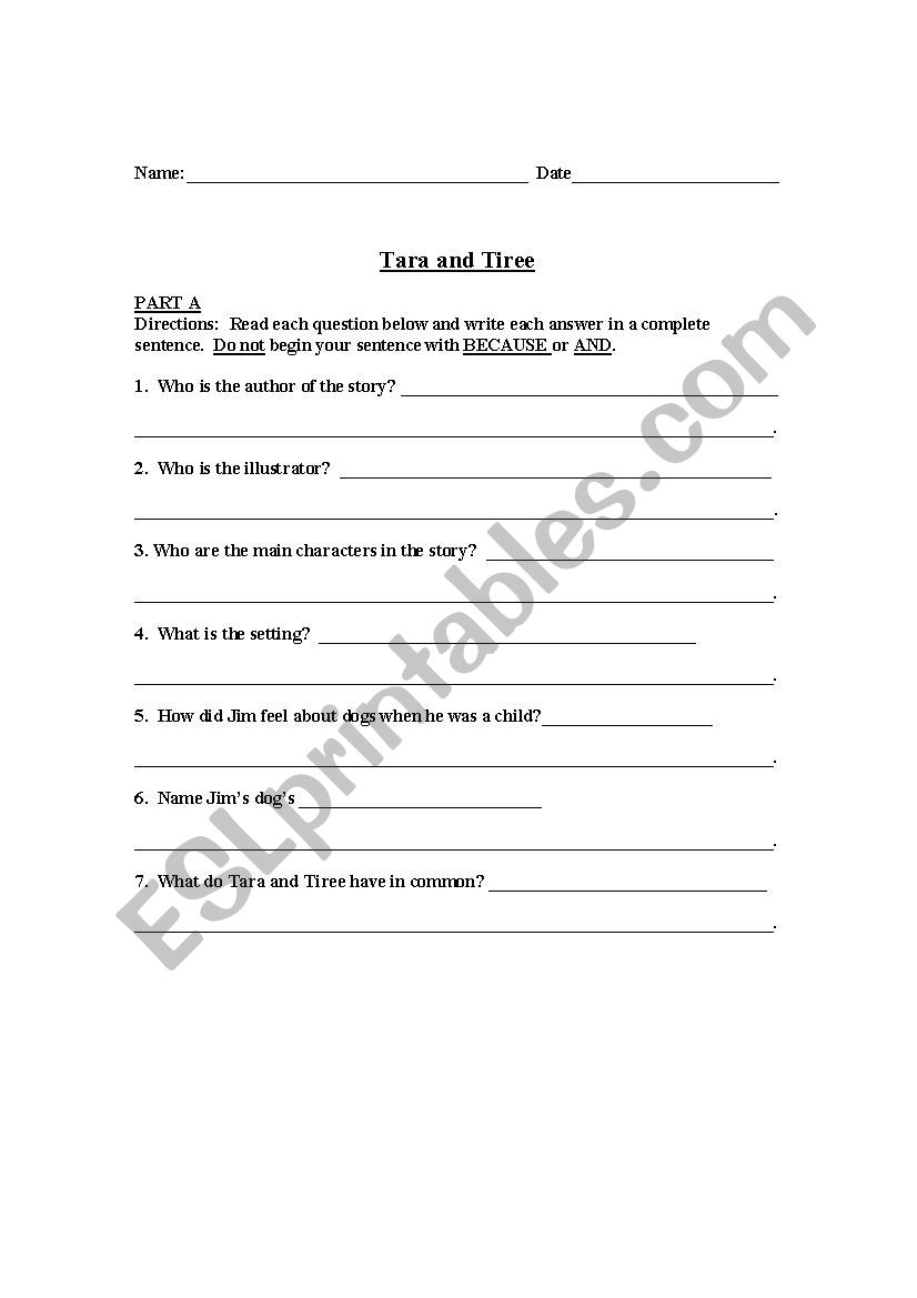 Tara and Tiree Comprehension Questions