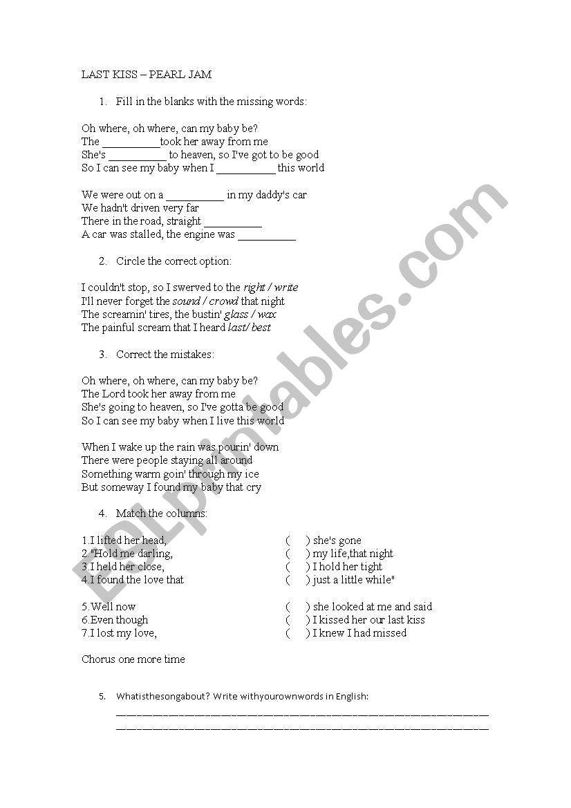 Last Kiss - song lyrics worksheet