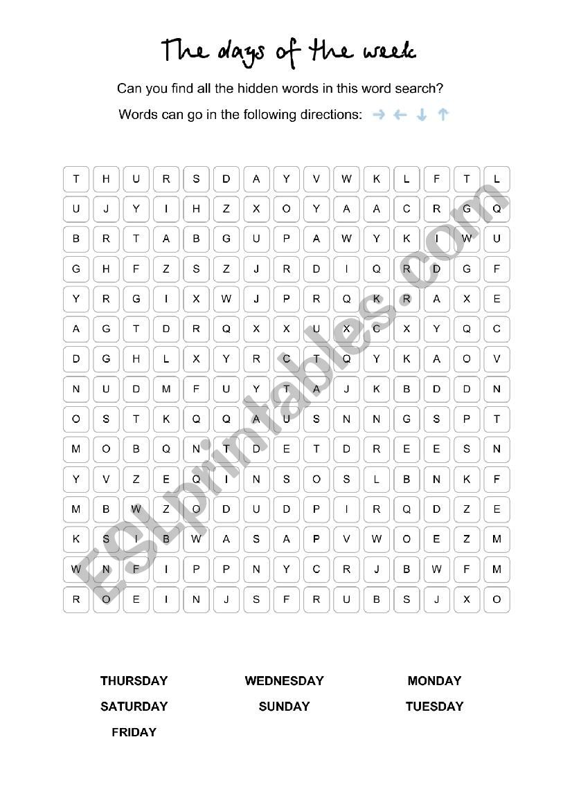 The days of the week (5) WORD SEARCH with answer key