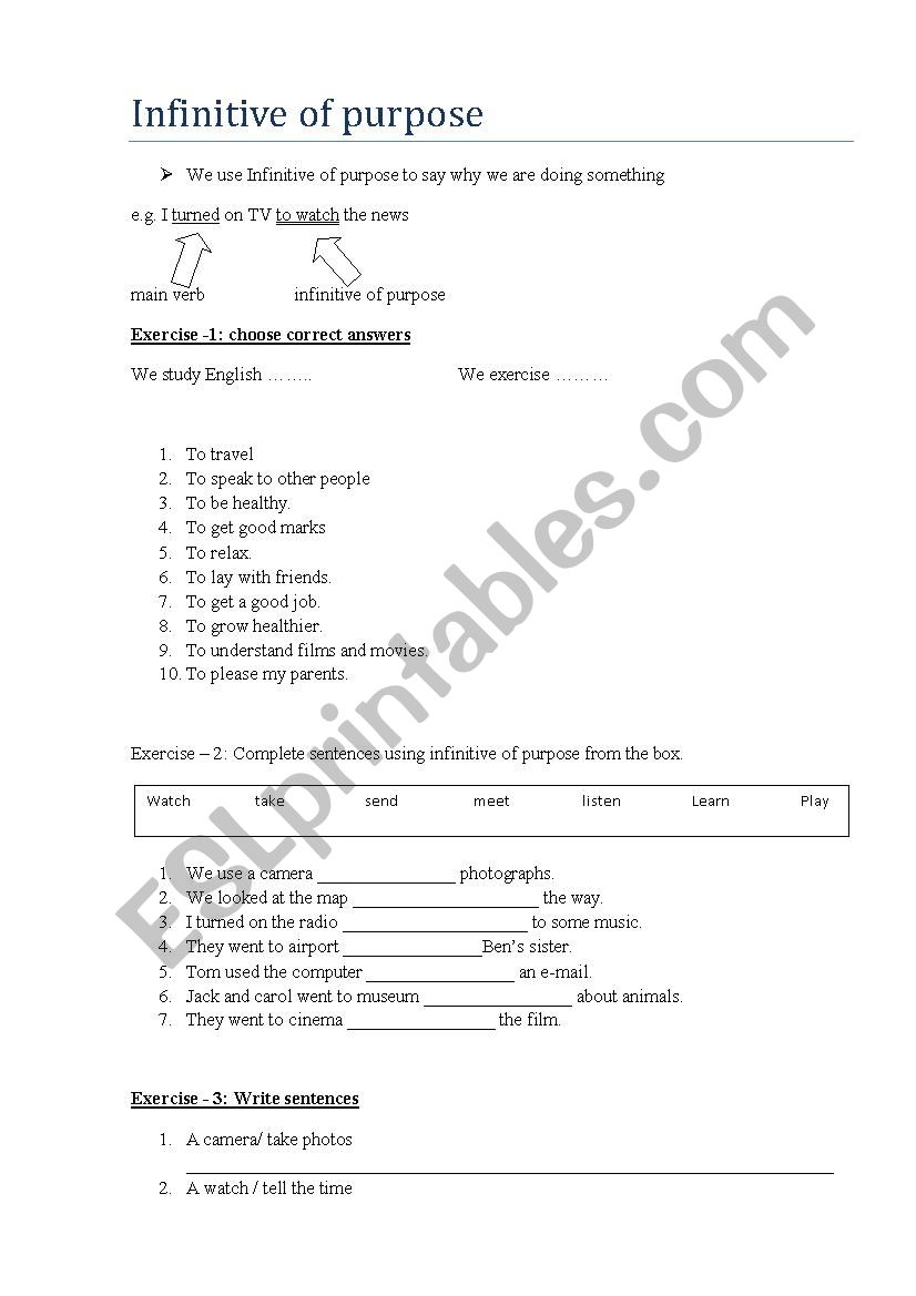 Infinitive of purpose worksheet