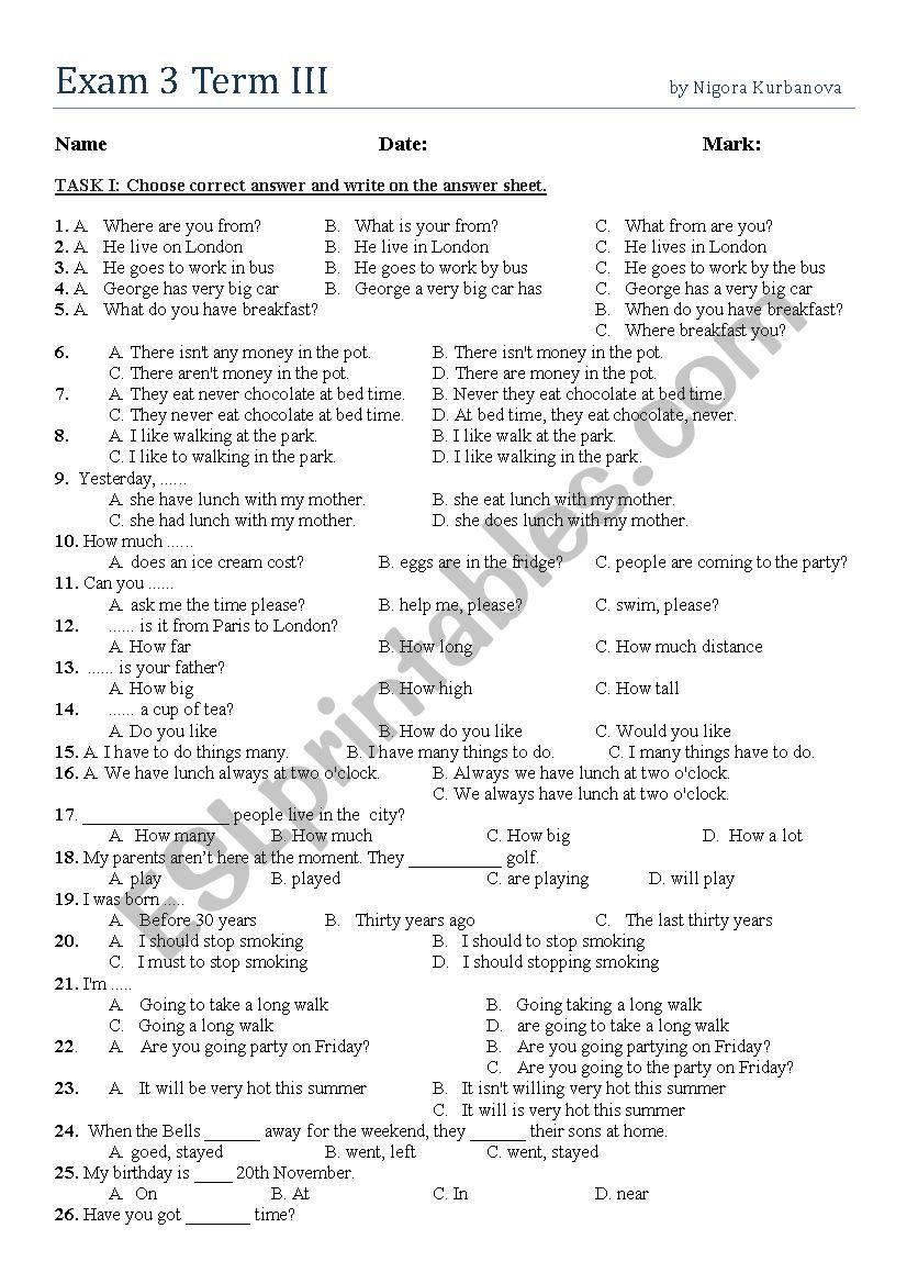 Examination  worksheet