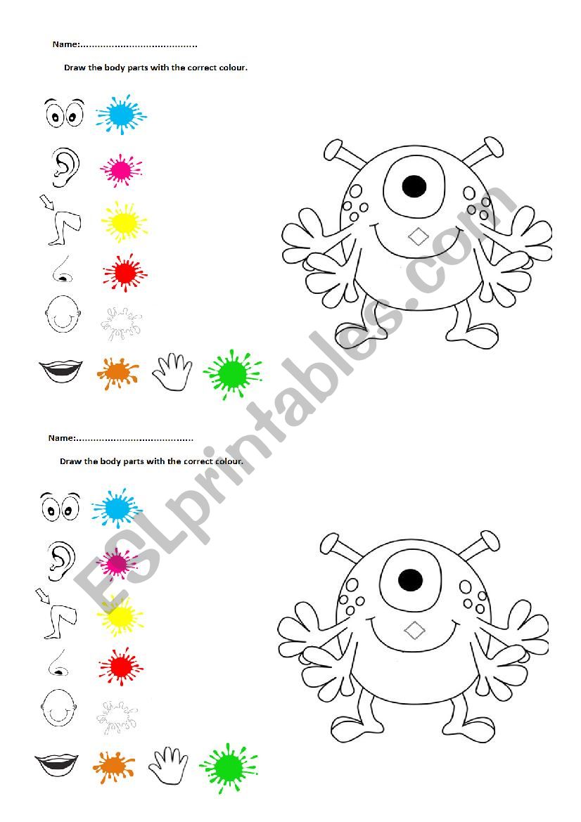 body parts colour esl worksheet by annabosk