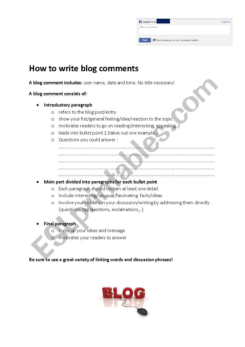 How to write a blog comment worksheet