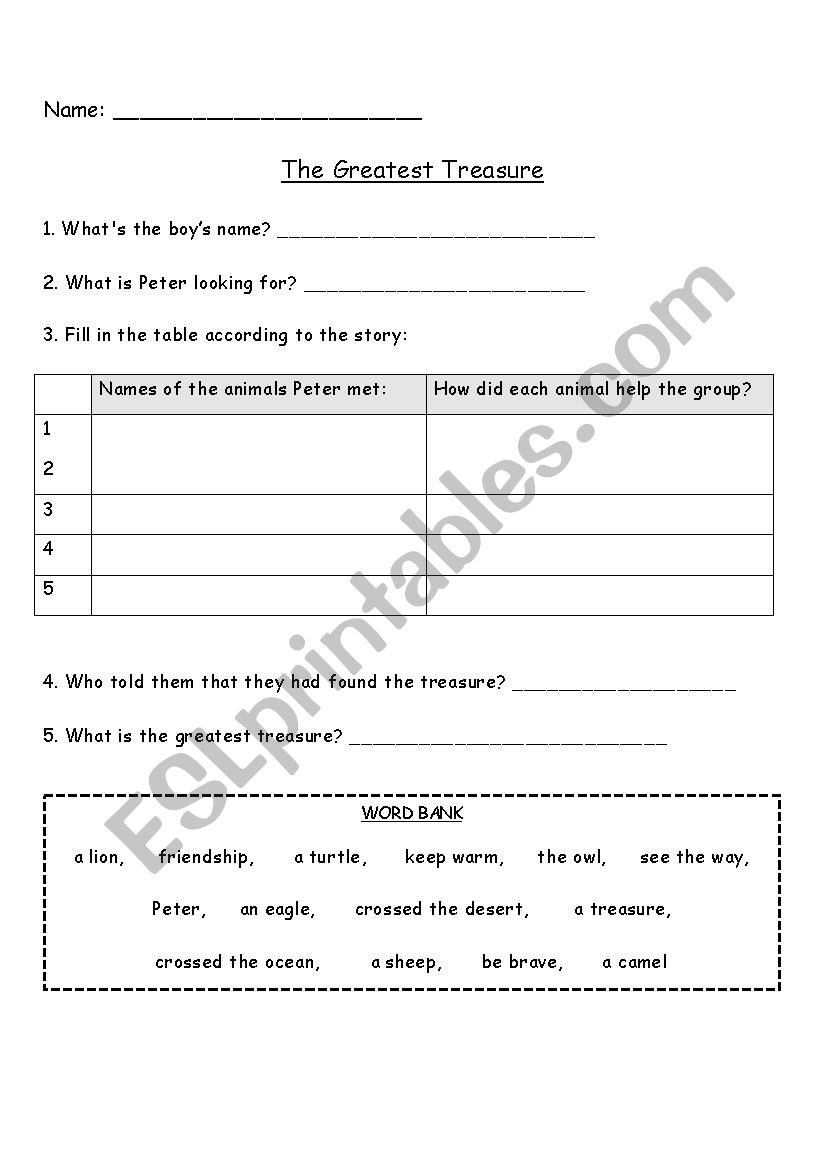 The Greatest Treasure worksheet