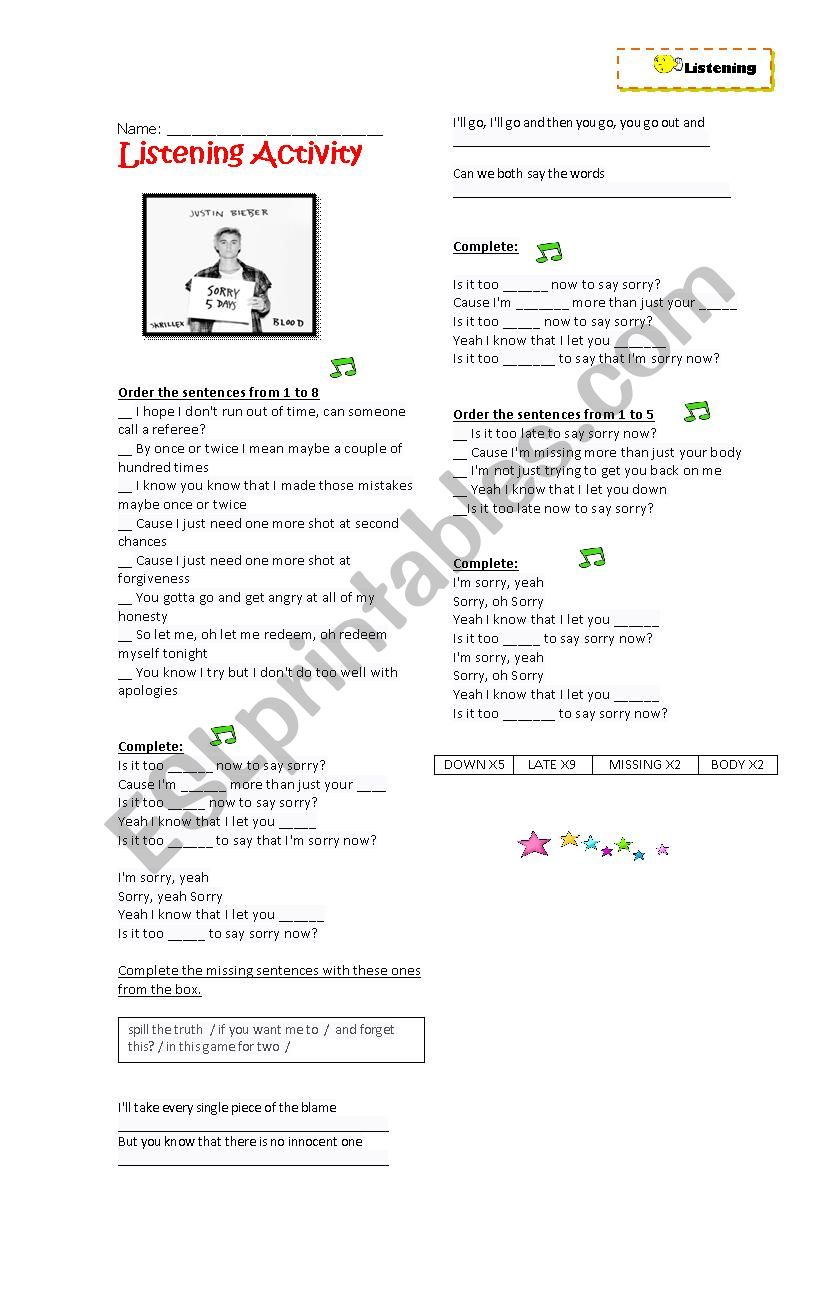 Song sorry JUSTIN BIEBER worksheet