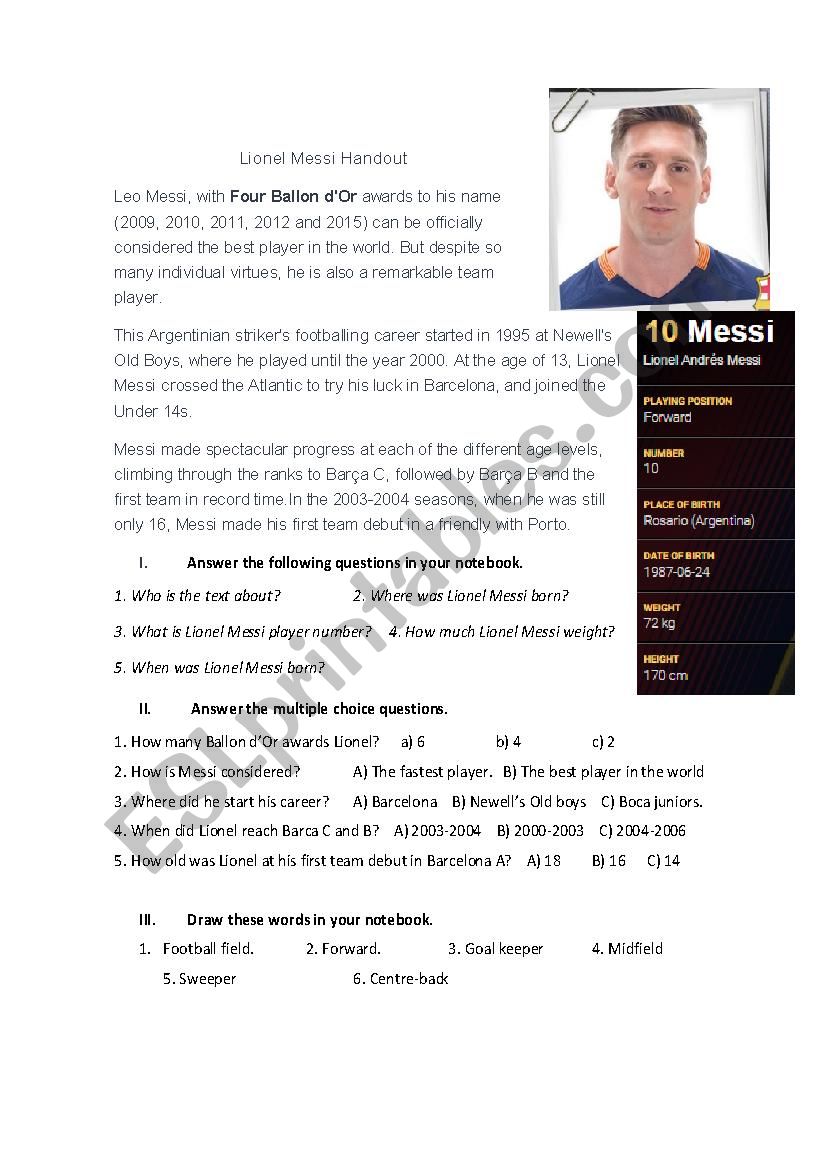 Lionel Messi Reading comprehension