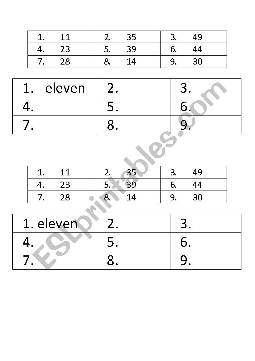 NUMBERS worksheet