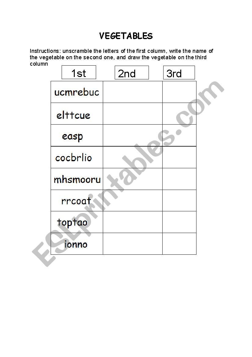 Vegetables worksheet