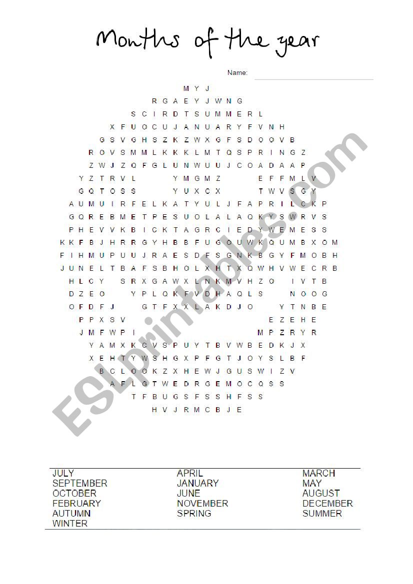 Months of the year (2) WORD SEARCH with answer key