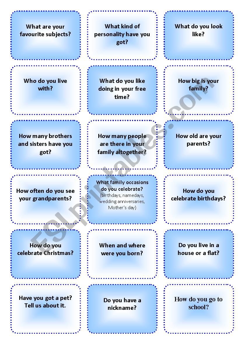 Question cards about you and your family - ESL worksheet by Fishie83