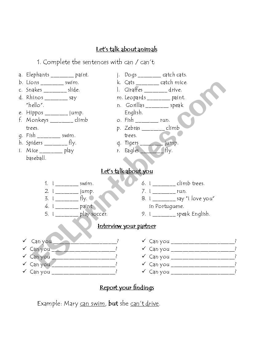 CAN AND ANIMALS worksheet