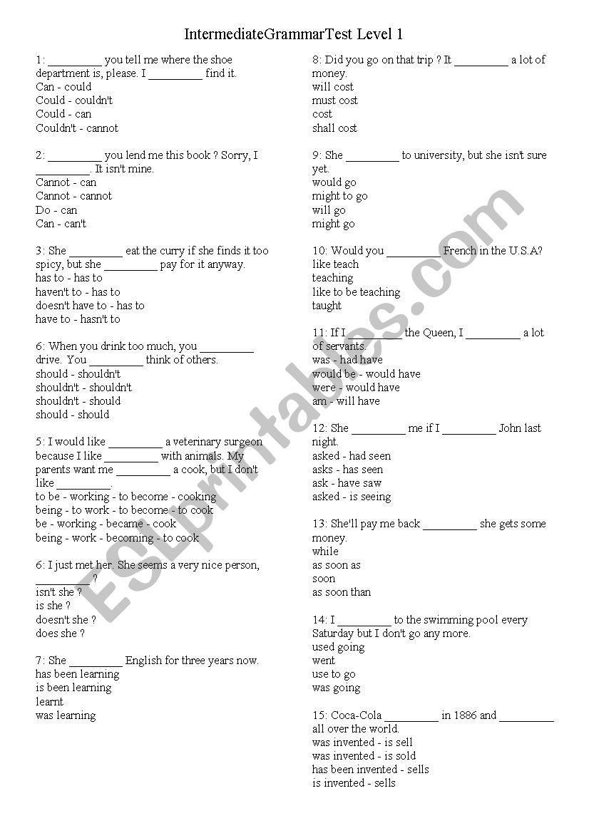 Intermediate Grammar Test Level 1