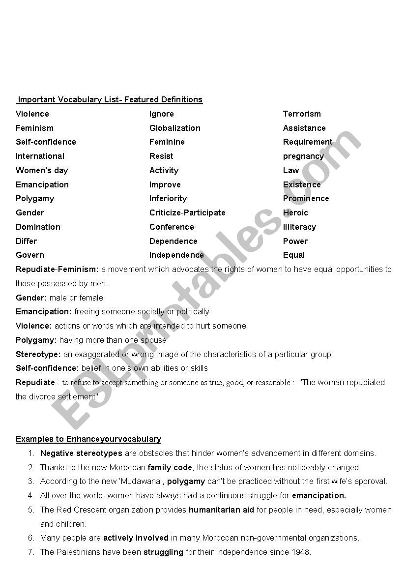 important vocabulary and examples of its use